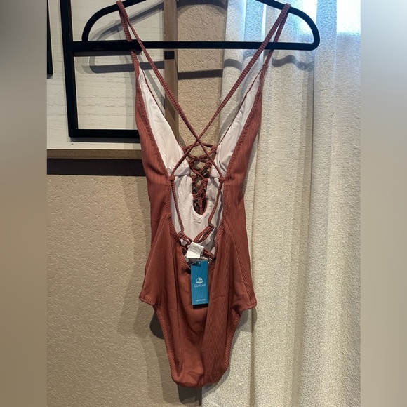 CUPSHE Women's Solid Color V‎ Neck Lace Up One Piece Swimsuit #1E - Picture 3 of 5